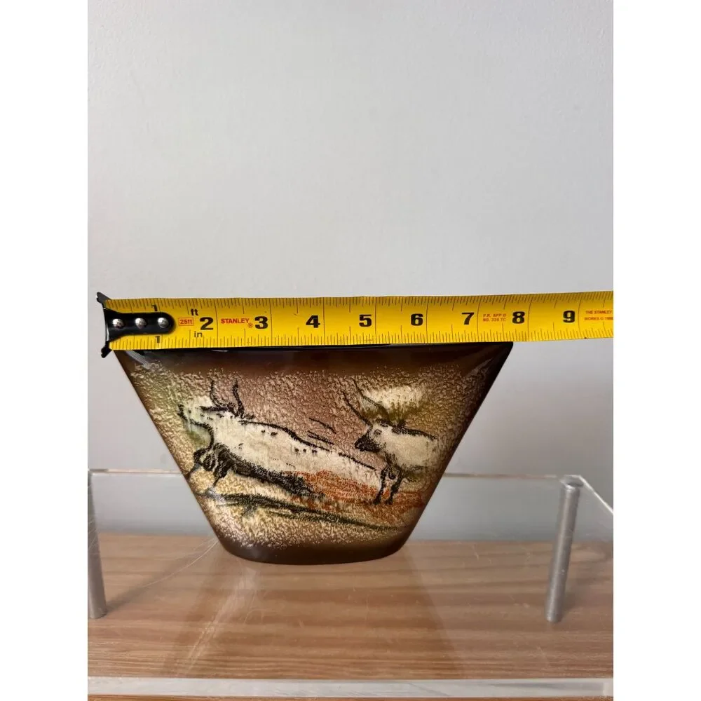 Vintage Sayei Japan MCM Pottery Vase Lascaux Cave Art Bulls Tribal Ceramic
